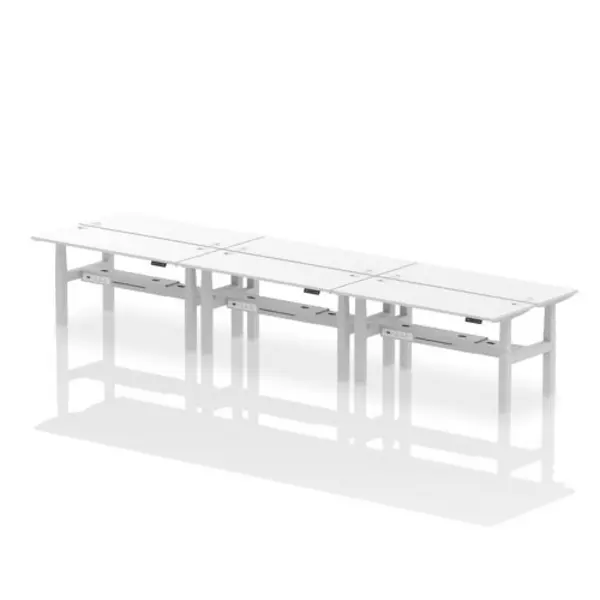 Image of Air Air Back-to-Back 1600 x 600mm Height Adjustable 6 Person Bench Desk White Top with Cable Ports Silver Frame HASCP6P16600WHTS