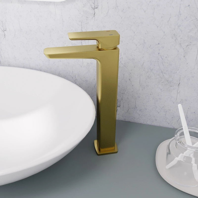 Image of Nes Home Modern Brushed Brass Countertop Tall Square Basin Mono Mixer Tap in Gold Gold Unisex