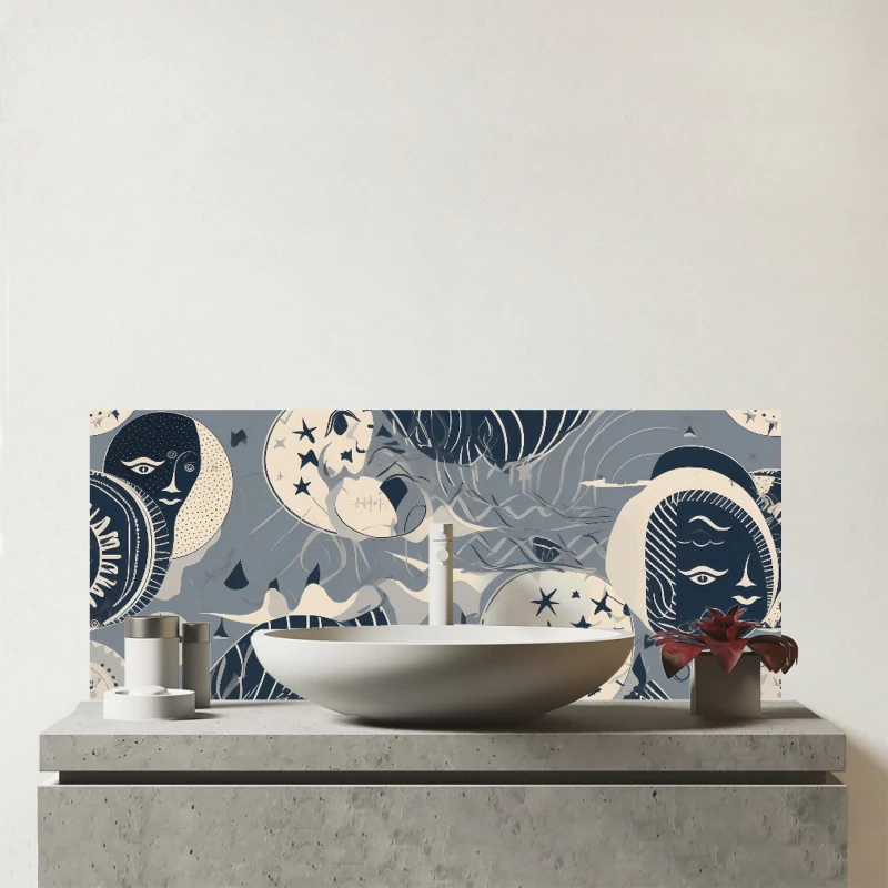 Image of Warren Reed - Designer Abstract Moon & Stars Glass Bathroom Splashback in Grey Grey Unisex
