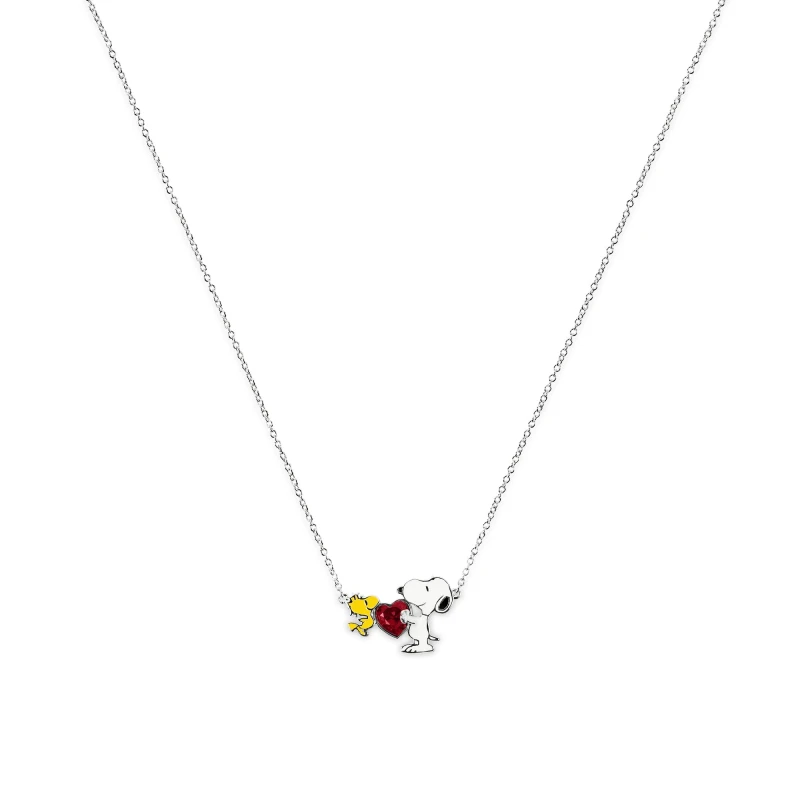 Image of Peanuts Snoopy & Woodstock Heart Charm Necklace NF00747SRPL-18.PH