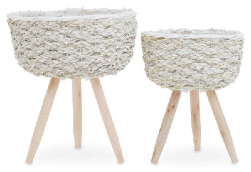 Image of Orsina Set Of 2 White Planters, Woven White Pots With Wooden Legs, White Plant Containers With Inner Lining