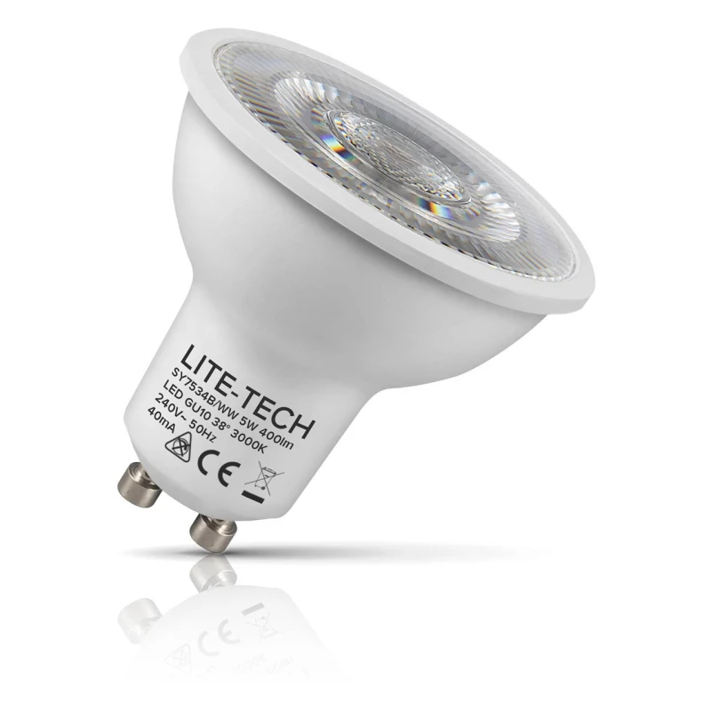 Image of Lite-Tech LED GU10 Spotlight Bulbs 5W (50W Eqv) Warm White 3000K Halogen Replacement COB (10 Pack)