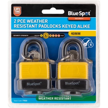 Image of 77010 2 Piece 40mm Weather Resistant Padlocks Keyed Alike - Bluespot
