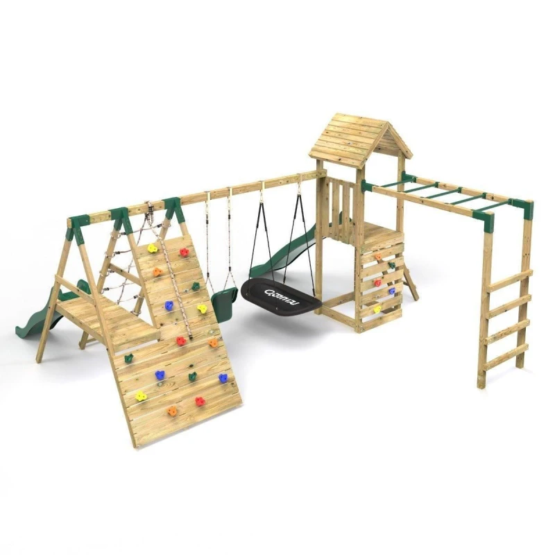 Image of Rebo Wooden Climbing Frame with Swing, Climbing Wall, Monkey Bars and Two Slides - Cairngorm Green Green