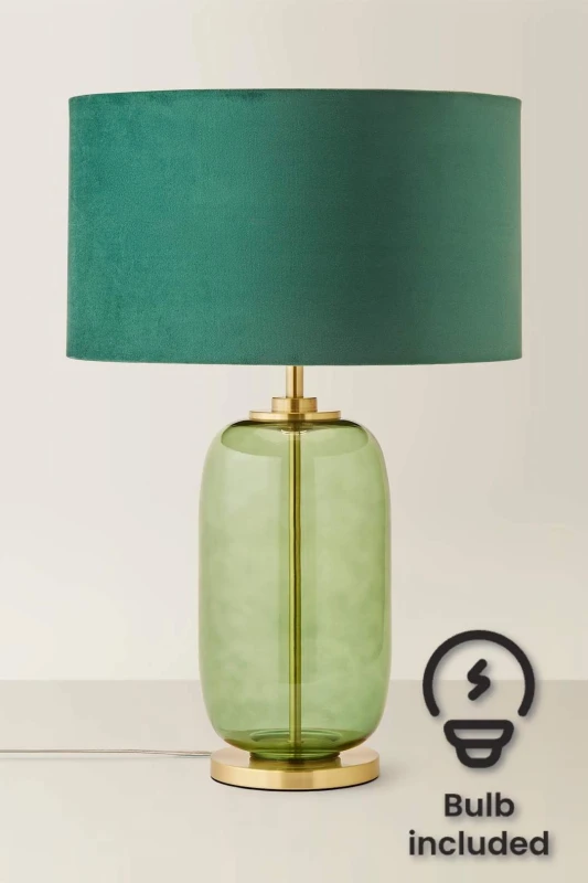 Image of ValueLights Leigh Green Velvet Shade with Forest Green Glass and Gold Table Lamp and Bulb Bottle Green