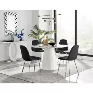 Image of Furniturebox Palma White Marble Effect 120cm Round Minimalist Dining Table & 4 Black Corona Faux Leather Dining Chairs with Silver Legs Diamond Stitch