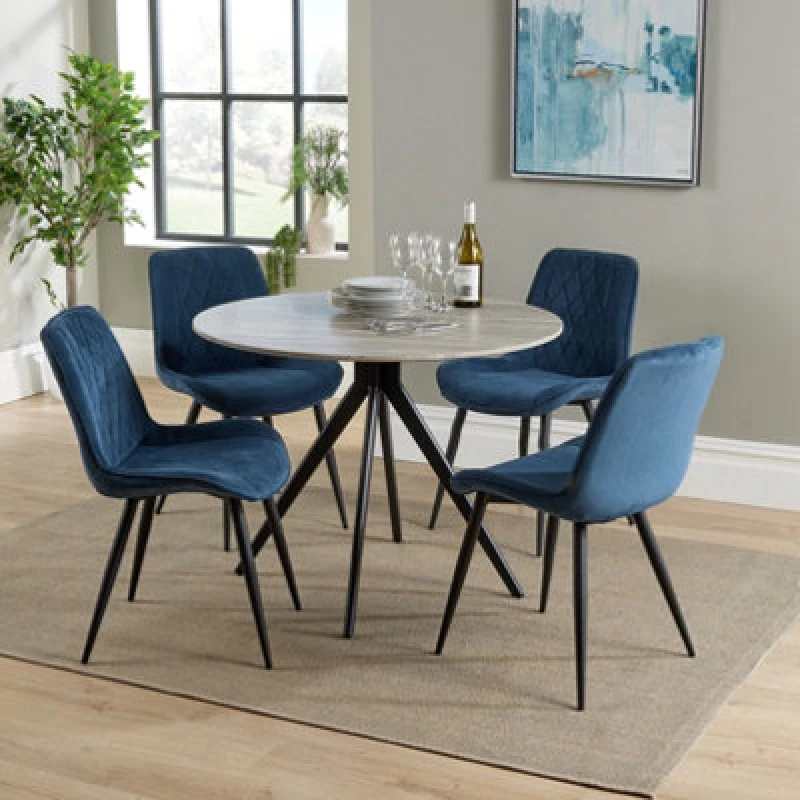 Image of Core Products Aspen Grey Oak Effect 100Cm Round Dining Table With 4 Blue Cord Fabric Diamond Stitch Design Chairs