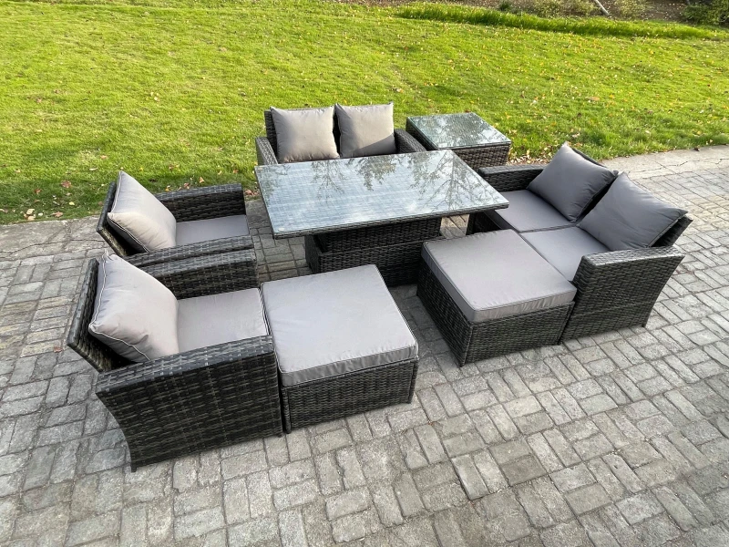 Image of Fimous Outdoor Garden Furniture Sets 8 Pieces Wicker Rattan Furniture Sofa Dining Table Set with 2 Big Footstool Side Table in Dark Grey Dark Grey Uni