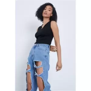 Image of I Saw It First Black Rib Notch Front Sleeveless Bodysuit - Black