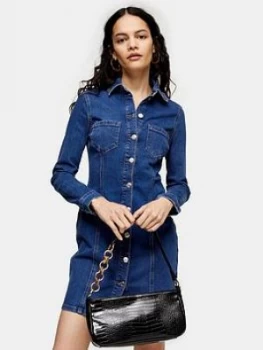 Image of Topshop Button-Through Denim Stretch Mini Dress - Blue