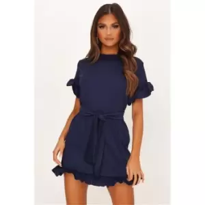 Image of I Saw It First Navy Tie Waist Frill Detail Dress - Blue