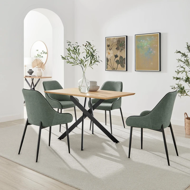 Image of FurnitureboxUK FurnitureboxUK Leonardo Oak Effect Dining Table & 4 Beaumont Green Fabric Chairs in Brown Brown One Size Unisex 5056784315392
