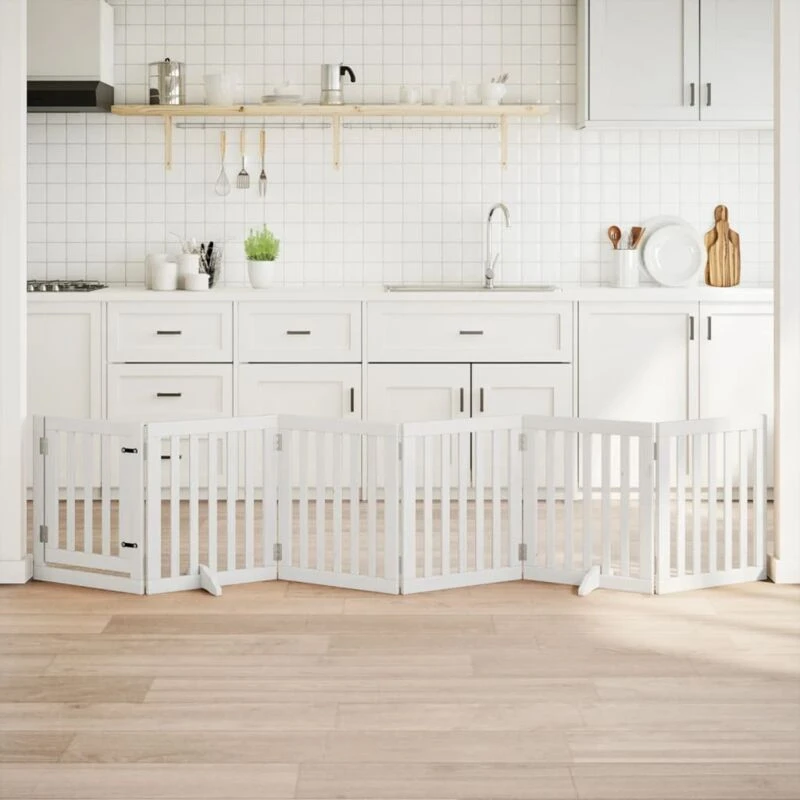Image of vidaXL Dog Gate with Door Foldable 6 Panels White 300cm Poplar Wood, White 352245