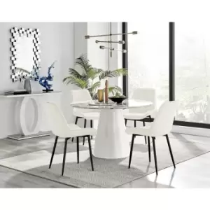 Image of Furniturebox Palma White Marble Effect 120cm Round Minimalist Dining Table & 4 Cream Pesaro Black Leg Velvet Chairs