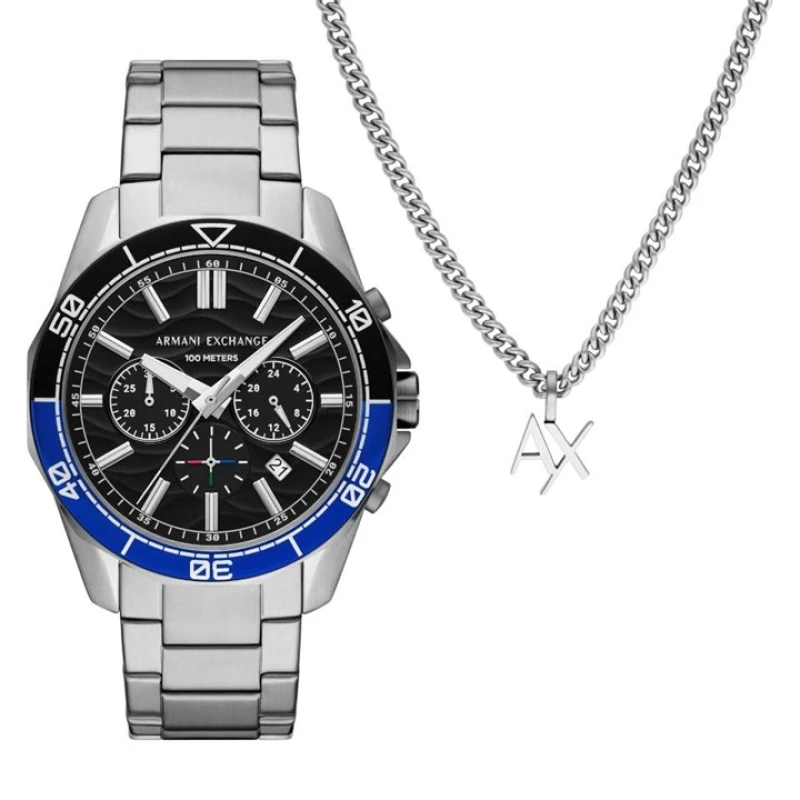 Image of Armani Exchange Stainless Steel Watch & Silver Bracelet Set