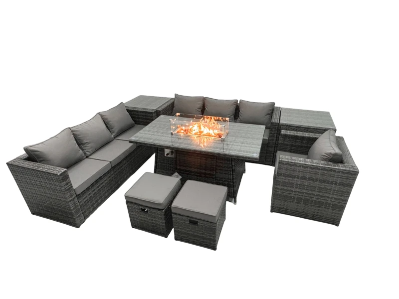 Image of Fimous Rattan Garden Furniture Firepit Dining Set 6 Seater Lounge Sofa Table Set with 2 Side Table 2 Footstool Dark Grey