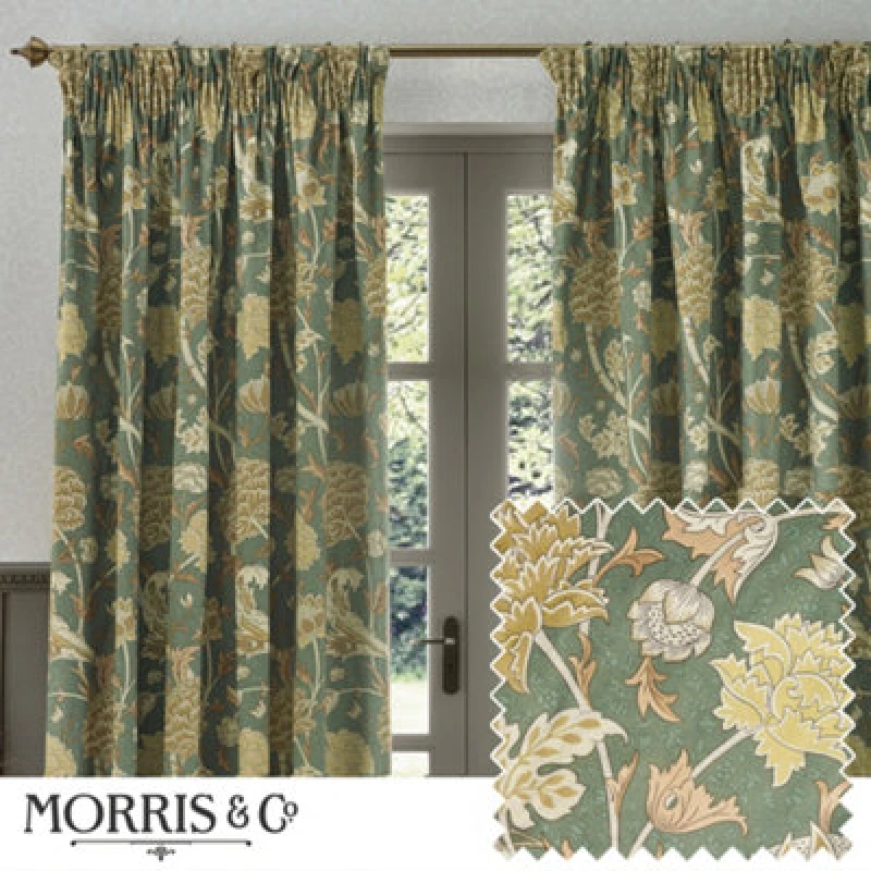 Image of Morris & Co Morris & Co Cray Floral Velvet Room Darkening Pencil Pleat Curtains in Green Size: 168cm width x 137cm drop Green 168cm width x 137cm dr