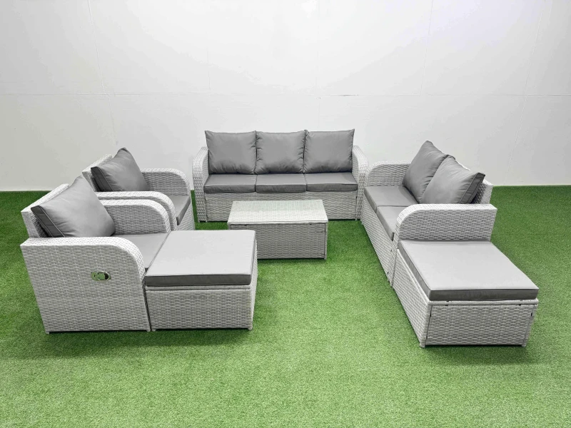 Image of Fimous PE Rattan Garden Furniture Set Adjustable Chair Sofa Double Love Seat 2 Seater Sofa Lounge Set Oblong Coffee Table 2 Big Footstool Light Grey L