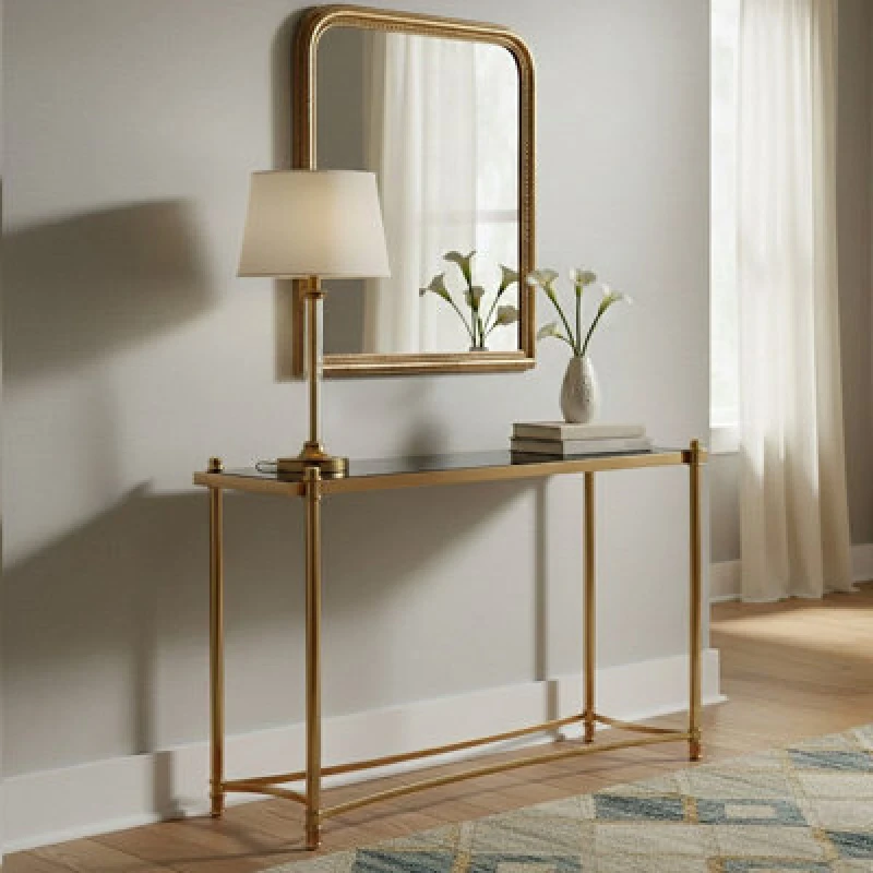Image of Premier Housewares Modern And Sleek Black Console Table, Spacious Glass Topped Console Table For Hallways, Decorative Table Gold