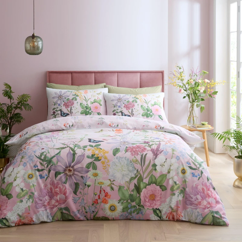 Image of Royal Horticultural Society Enchanted Butterfly Garden Duvet Cover Bedding Set Pink