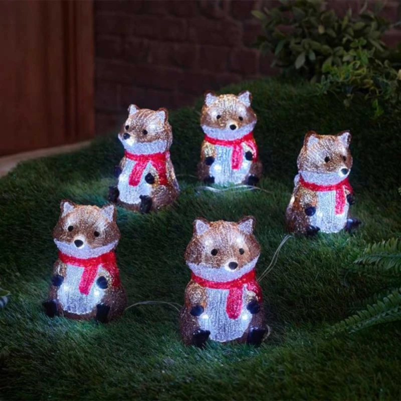 Image of 14cm Set of 5 Battery Operated Light up Christmas Fox Ornaments with 40 Cool White LEDs