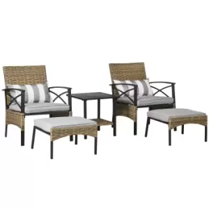 Image of Outsunny 5 Piece PE Rattan Garden Furniture Set, 2 Armchairs, 2 Stools, Steel Tabletop with Wicker Shelf, Padded Outdoor Seating, Grey
