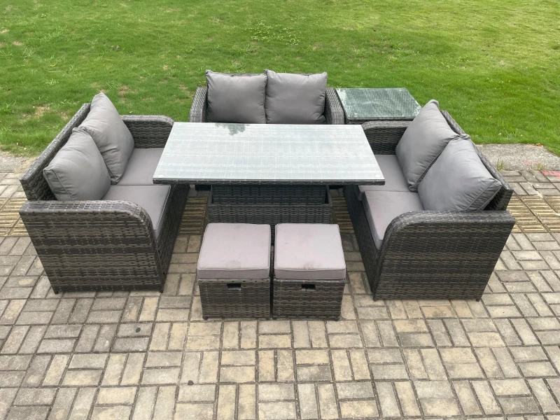 Image of Fimous Rattan Garden Outdoor Furniture 3 PC Love Sofa Set Patio Adjustable Rising lifting Dining Table With Side Table 2 Small Footstools Dark Grey