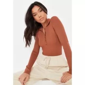 Image of Missguided Button Detail Rib Bodysuit - Brown