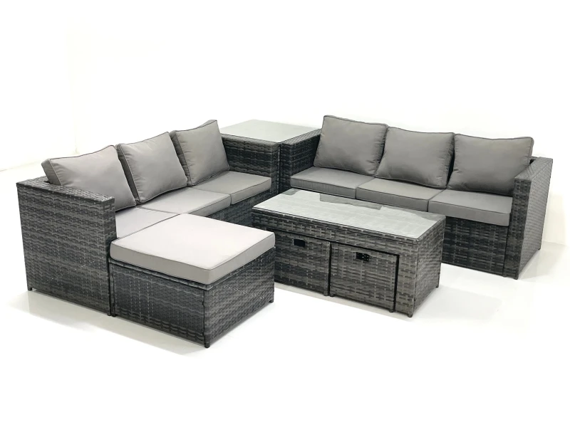 Image of Fimous Garden Outdoor Rattan Furniture Set with Sofa Coffee table 3 Footstools Side Table Dark Grey Mixed Dark Grey