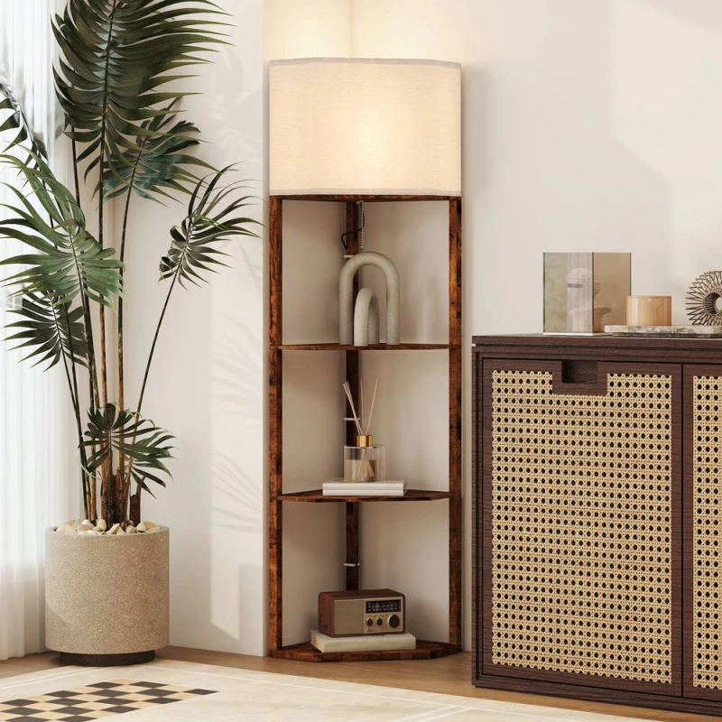 Image of HOMCOM Corner Modern Floor Lamp with Shelves for Living Room, Rustic Brown Brown Unisex