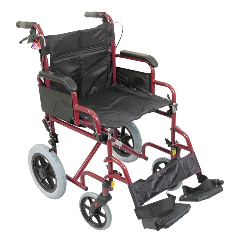 Image of Loops Deluxe Attendant Propelled Steel Wheelchair - Compact Foldable Design - Red Metallics