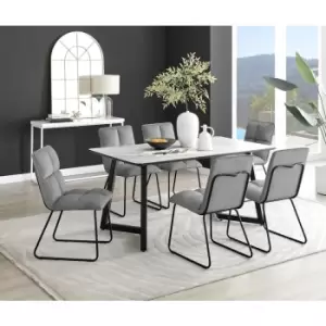Image of Furniturebox UK - Furniturebox Carson White Marble Effect Rectangular 160cm Dining Table & 6 Dark Grey Menen Velvet Chairs
