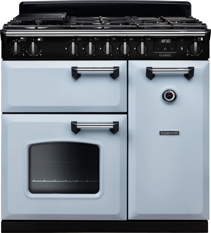 Image of Rangemaster Classic CL90DFPMSB/CM1 90cm wide Dual Fuel Range Cooker with Gas Hob - Misty Blue / Chrome - A/A Rated