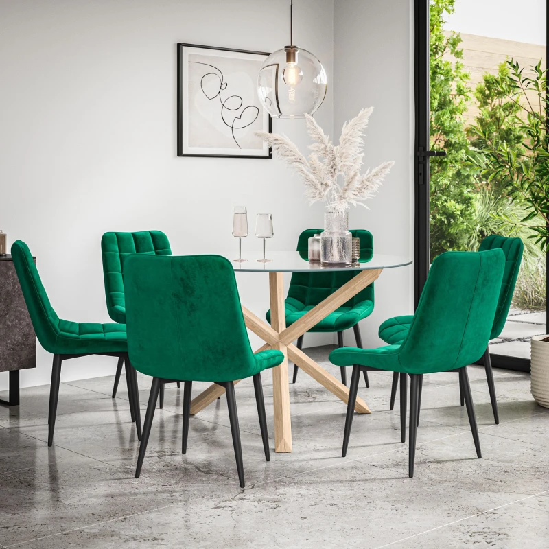 Image of More4Homes Malvern Round Dining Table And Chairs - Clear Glass Table Top W Solid Oak Legs + Nova Velvet Dining Chair Set Of 6 (Green)