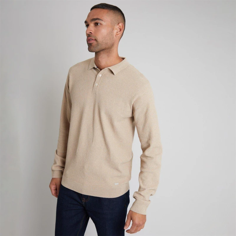 Image of Threadbare 'Chorlton' Long Sleeve Textured Knitted Polo Camel
