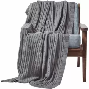 Image of Cotton Cable Knit Throw, Grey, 150 x 200cm - Grey - Homescapes