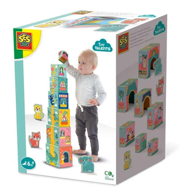 Image of SES Creative Tiny Talents Stacking Blocks Tower with Animal Figures Multi unisex
