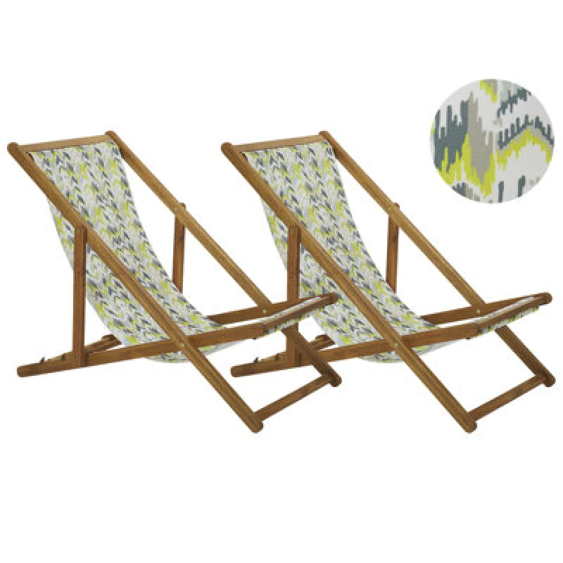 Image of Beliani Set Of 2 Folding Deck Chairs Anzio With Replacement Fabrics Abstract Motif Acacia Wood Light Brown