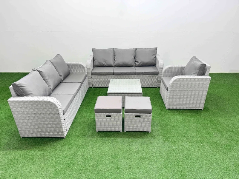 Image of Fimous 9 Seater Poly Rattan Outdoor Garden Furniture Square Coffee Table Sofa Set Patio 3 Seater Sofa Reclining Chair 3 Seater Sofa Stools Light Grey