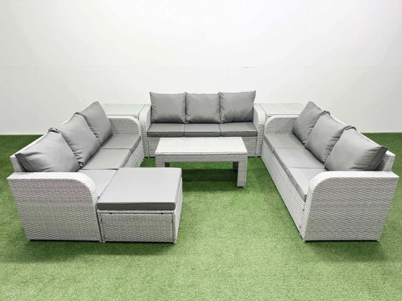 Image of Fimous PE Rattan Lounge Sofa Set 10 Seater Outdoor Garden Furniture Set with Oblong Coffee Table 3 Seater Sofa Big Footstool 2 Side Table Light Grey L