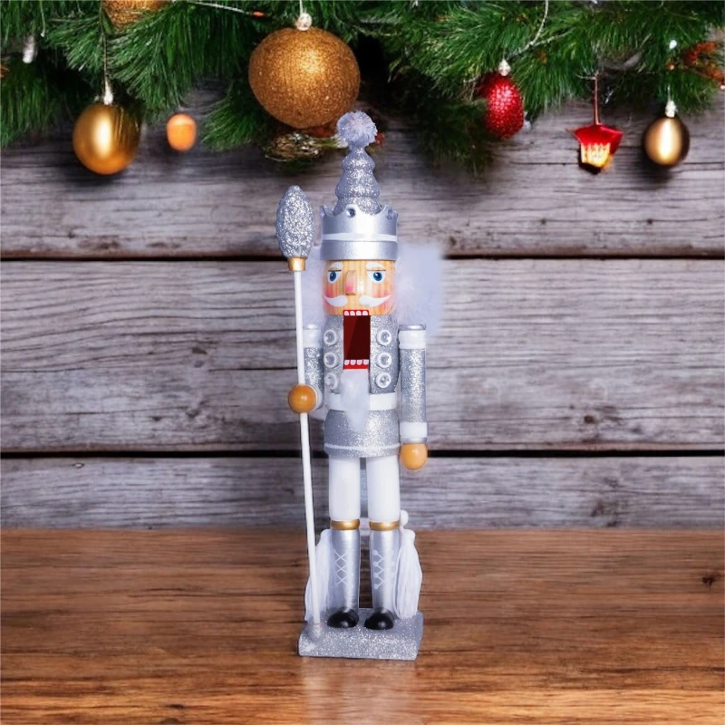Image of St Helens 40cm Traditional Christmas Nutcracker Wooden Soldier Decoration Silver and White ELV-554176