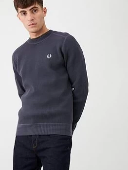 Image of Fred Perry Waffle Textured Crew Neck Jumper - Charcoal, Size S, Men