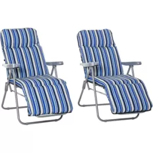 Image of Outsunny - Set of 2 Adjustable Sun Lounger Recliner Reclining Seat Blue and White