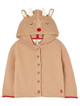 Image of Joules Unisex Baby Alby Reindeer Knitted Hooded Cardigan - Brown, Size Age: 9-12 Months