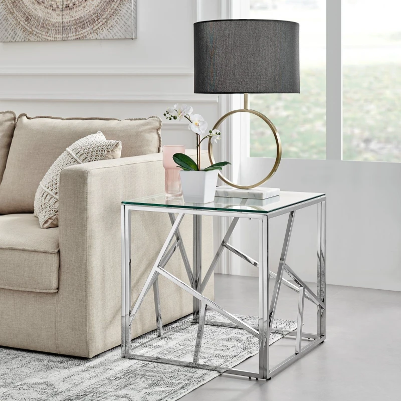 Image of FurnitureboxUK FurnitureboxUK Amalfi Chrome Metal Side Table - Square Clear Glass & Metal Table - Abstract Pattern - Sleek, Chic, Bright & Airy in Sil