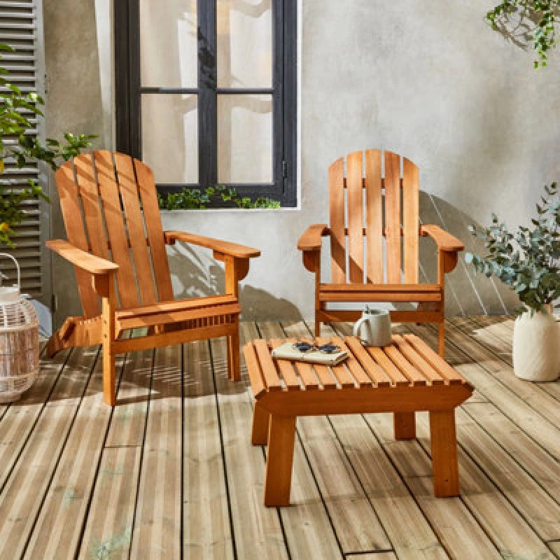 Image of sweeek Pair Of Wooden Deck Chairs With Footrests Light Brown