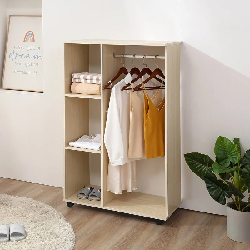 Image of HOMCOM Rolling Open Wardrobe Hanging Rail Storage Shelves for Clothes in Natural Natural Unisex