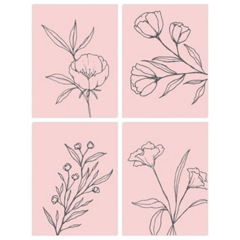 Image of Wee Blue Coo Wall Art Print Set Of 4 Minimalist Wildflower Outline Black On Pastel Pink Simple Floral Wall Art