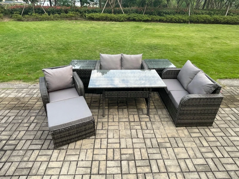 Image of Fimous Lounge Rattan Sofa Set Outdoor Garden Furniture Oblong Rectangular Dining Table With Chairs 2 Side Tables Big Footstool in Dark Grey Dark Grey