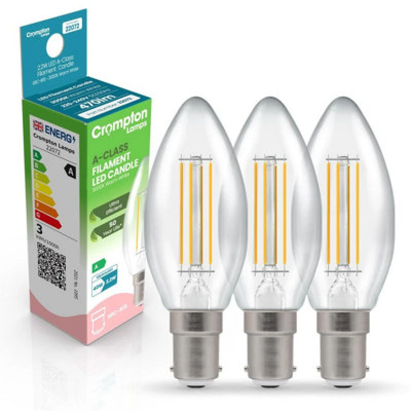 Image of Crompton Lamps LED Ultra-Efficient Candle 2.2W B15 A-Class Warm White Clear (40W Eqv)